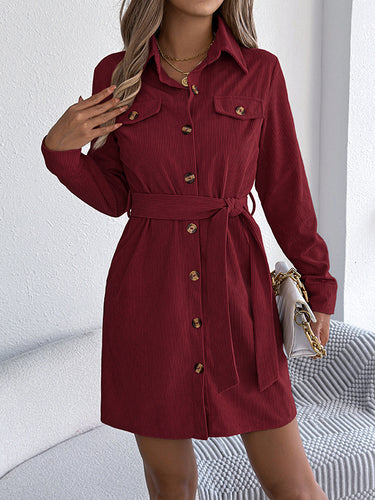 1713258 Elasticated Waist Long Sleeves Belted Buttoned Single-Breasted Solid Color Lapel Collar Mini Dresses Shirt Dress