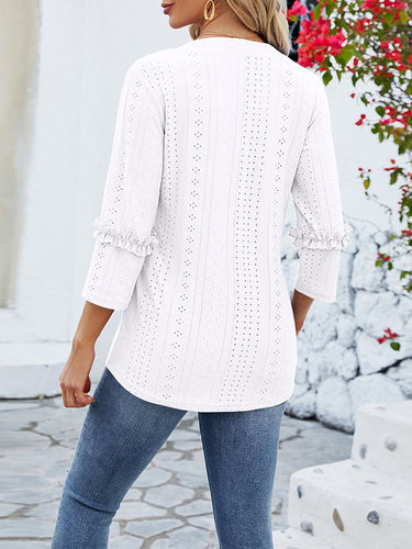 1497343 Loose Three-Quarter Sleeves Jacquard Solid Color V-Neck T-Shirts Tops