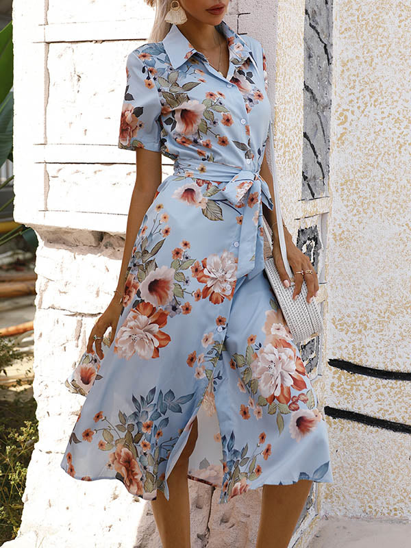 A-Line Half Sleeves Buttoned Tied Waist Lapel Midi Dresses