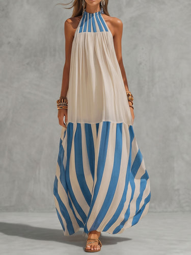 Vestidos maxi listrados listrados em linha A com cor contrastante e plissada