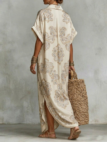 1782838 Loose Short Sleeves Buttoned Contrast Color Flower Print Split-Side Lapel Maxi Dresses