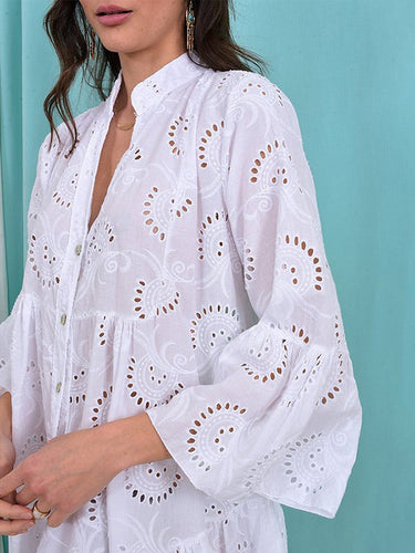 1498076 A-Line Flared Sleeves Buttoned Hollow Solid Color Split-Joint V-Neck Mini Dresses