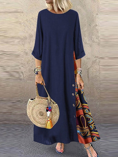 1782334 Loose Plus Size Buttoned Contrast Color Printed Split-Joint Round-Neck Midi Dresses