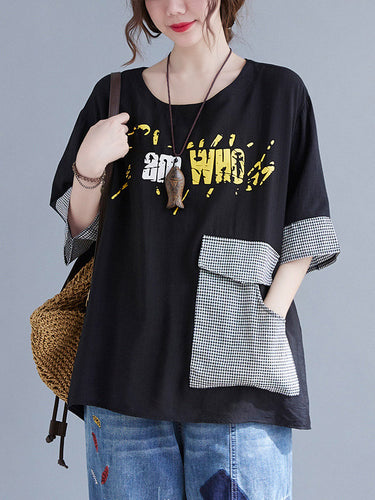 オリジナルのレタープリントスプリットジョイントラウンドネックTシャツのトップ