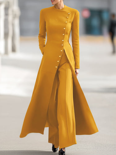 High Waisted Long Sleeves Buttoned Solid Color Split-Front Round-Neck Midi Dresses