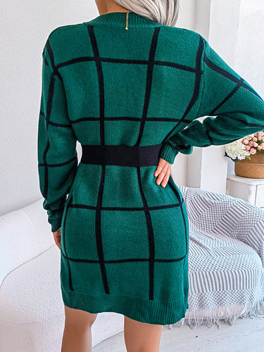 1713380 Elasticated Waist Long Sleeves Belted Contrast Color Plaid Round-Neck Mini Dresses Sweater Dresses