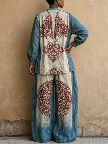 Long Sleeves Loose Buttoned Contrast Color Ethnic Printed Split-Joint Round-Neck Blouses&Shirts Tops
