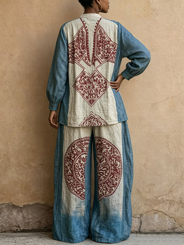 Long Sleeves Loose Buttoned Contrast Color Ethnic Printed Split-Joint Round-Neck Blouses&Shirts Tops