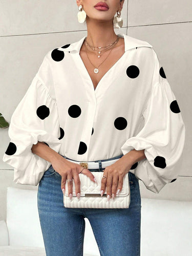 1780312 Long Sleeves Loose Contrast Color Pleated Polka Dot Split-Joint Lapel Blouses&Shirts Tops