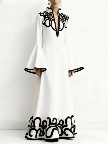 A-Line Flared Sleeves Abstract Printed Contrast Color Hollow Line Split-Joint Stand Collar Maxi Dresses
