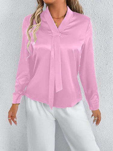 1728986 Long Sleeves Loose Solid Color Split-Joint Streamer Scarf Collar Blouses&Shirts Tops