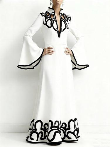 A-Line Flared Sleeves Abstract Printed Contrast Color Hollow Line Split-Joint Stand Collar Maxi Dresses