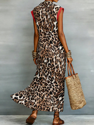 1780625 A-line Loose Buttoned Contrast Color Leopard Split-front Lapel Maxi Dresses Shirt Dress
