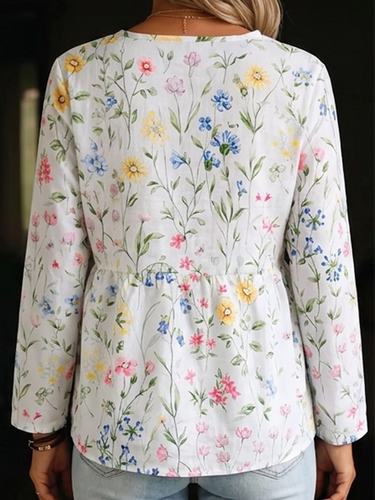 1785766 Long Sleeves Loose Buttoned Flower Print V-Neck Blouses&Shirts Tops