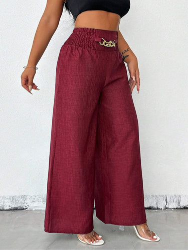 1780428 High Waisted Loose Elasticity Solid Color Pants Trousers