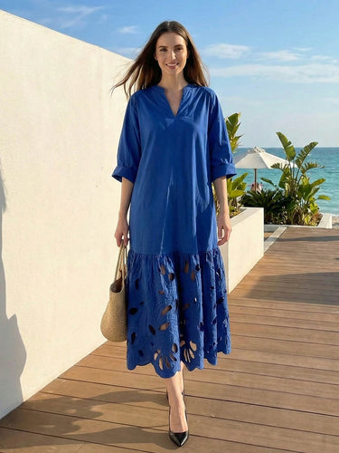 1750817 A-Line Long Sleeves Hollow Pleated Solid Color Split-Joint V-Neck Maxi Dresses