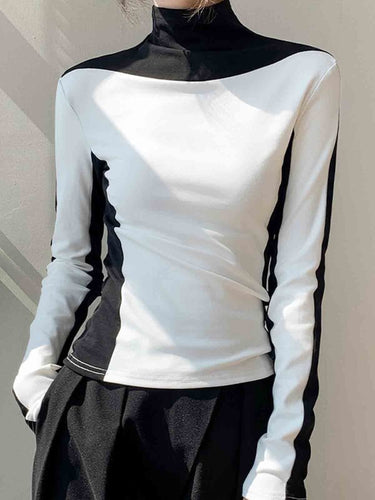 Mangas compridas Contraste magro de cor de cor de articulação alta camisetas de pescoço alto