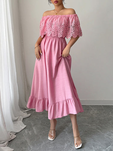1766185 A-ligne taille haute plissée à volants couleur unie jointure fendue épaules dénudées robes mi-longues