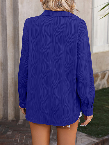 1442311 Long Sleeves Buttoned Jacquard Pleated Solid Color Blouses&Shirts Tops