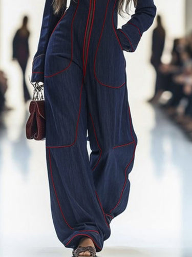 Long Sleeves Wide Leg Zipper Stand Collar Jumpsuits