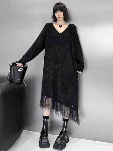 1720276 Irregularity Long Sleeves Contrast Color Sequined Shiny Split-Joint Tasseled V-Neck Midi Dresses Sweater Dresses