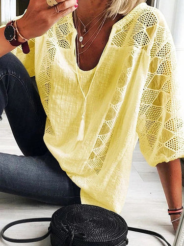 Top de camiseta de cuello en U de encaje hueco simple simple