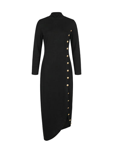 Mangas compridas soltas assimétricas abotoadas de junta dividida vestidos maxi de pescoço de mock split