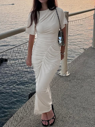 1789289 Solid Color Pleated Skinny High Waisted Midi Dresses