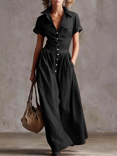 1785443 High Waisted Loose Buttoned Pleated Pockets Solid Color Split-Joint Lapel Maxi Dresses