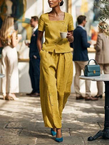 1767805 Pantalon ample à jambes larges et poches boutonnées, couleur unie