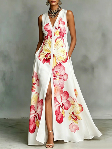 1779104 High Waisted Loose Buttoned Flower Print Pockets V-Neck Maxi Dresses