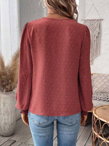 1780421 Balloon Sleeves Long Sleeves Embroidered Hollow Solid Color V-Neck Blouses&Shirts Tops