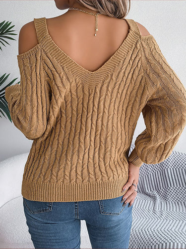 1713625 Long Sleeves Loose Cable Knit Solid Color Cold Shoulder Sweater Tops