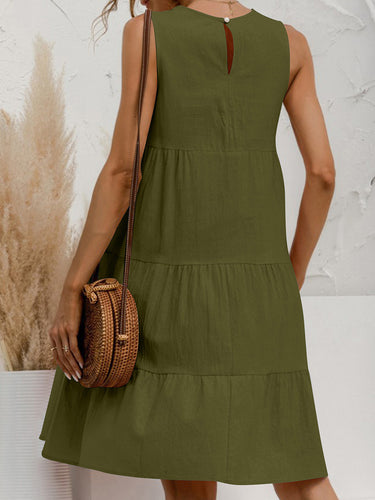 1773598 A-Line Loose Pleated Solid Color Tiered Round-Neck Mini Dresses