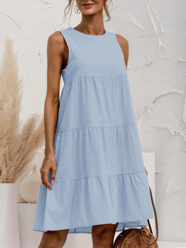 1780280 A-Line Loose Pleated Solid Color Split-Joint Round-Neck Mini Dresses