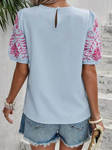 1753185 Loose Short Sleeves Bow-Embellished Contrast Color Split-Joint Round-Neck Blouses&Shirts Tops