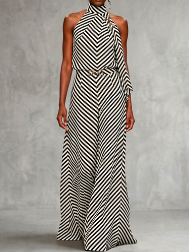 1779883 Sleeveless Contrast Color Draped Striped Halter-Neck Blouses&Shirts Tops