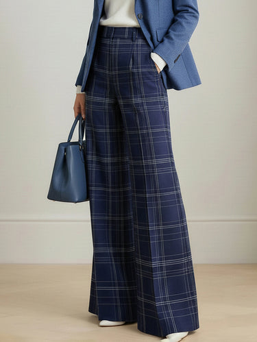 High Waisted Wide Leg No Belt Plaid Pleated Pockets Pants Trousers