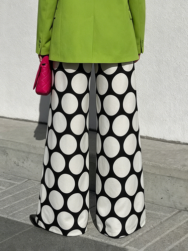 1777626 High Waisted Wide Leg Contrast Color Elasticity Pockets Polka Dot Pants Trousers