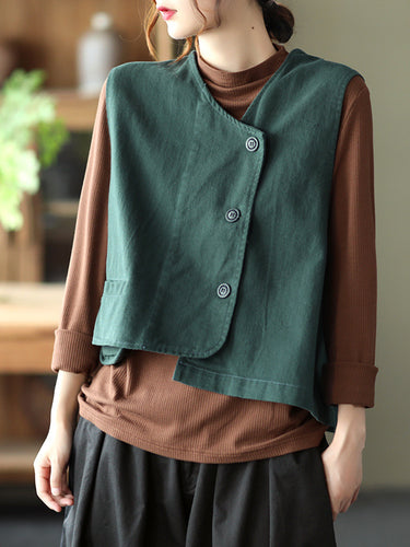 ビンテージの非対称の固体色のボタン付きベストトップ