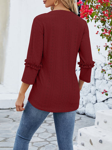 1497364 Loose Three-Quarter Sleeves Jacquard Solid Color V-Neck T-Shirts Tops