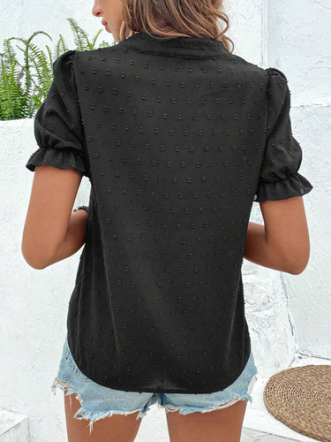 1752182 Loose Puff Sleeves Flower-Embellished Contrast Color Jacquard Pleated Ruffled Split-Joint V-Neck Blouses&Shirts Tops