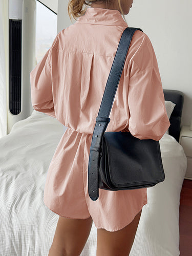 1720351 High Waisted Long Sleeves Buttoned Pleated Solid Color Split-Joint Lapel Rompers