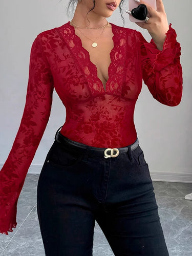 1716004 Flared Sleeves Long Sleeves Solid Color Deep V-Neck T-Shirts