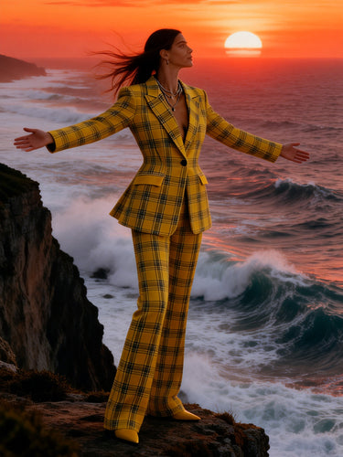 Elasticated Waist High Waisted Buttoned Contrast Color Plaid Split-Joint Notched Collar Blazer Outerwear