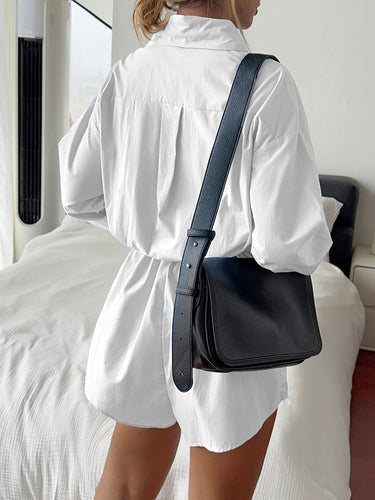 1720349 High Waisted Long Sleeves Buttoned Pleated Solid Color Split-Joint Lapel Rompers