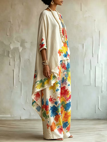 1781401 High-Low Loose Asymmetric Contrast Color Printed Boat Neck Blouses&Shirts Tops