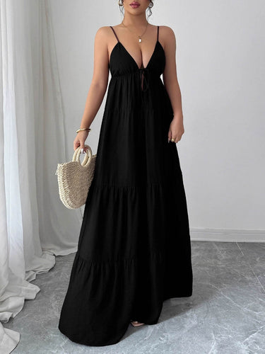 1766171 A-Line Sleeveless Backless Drawstring Pleated Solid Color Spaghetti-Neck Maxi Dresses