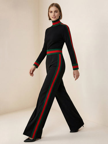 Long Sleeves Skinny Contrast Color Split-Joint Striped High Neck T-Shirts Tops