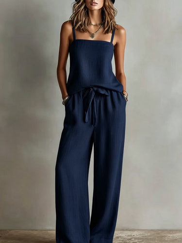 1783294 Loose Plus Size Pockets Solid Color Tied Spaghetti-Neck Vest Top + Pants Bottom Two Pieces Set